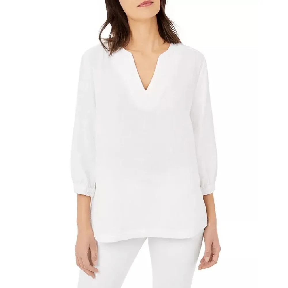 CHARTER CLUB 100% Linen V-Neck Top White S